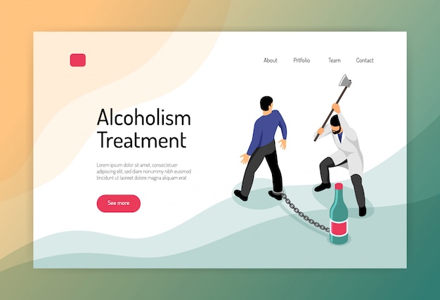 Pagina web isometrica trattamento alcolismo con uomo incatenato alla bottiglia e medico con ascia di guerra