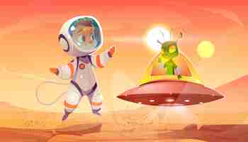 Free vector alien and astronaut child meeting on red planet