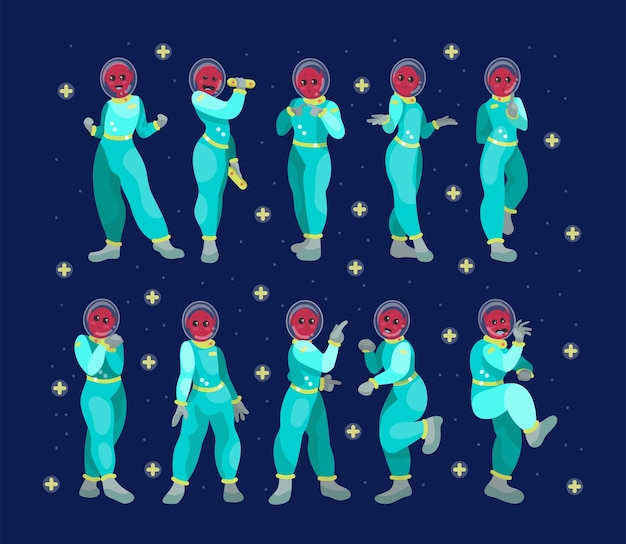 無料ベクター 宇宙服のエイリアンキャラクター漫画イラストセット。紺色の背景にさまざまなポーズで面白い男性、宇宙飛行士またはかわいい宇宙船の乗組員。未来的なufoの概念