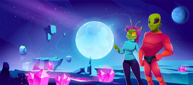 Free Vector alien couple in space on fantasy planet cartoon