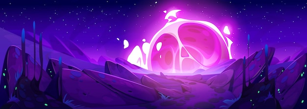 Pianeta alieno cartone animato spazio paesaggio con meteora rosa fondo di vettore di terra del deserto di roccia con scenario cosmico esterno stella di fantasia che atterra su marte ed esplode all'orizzonte fantastico sfondo notturno