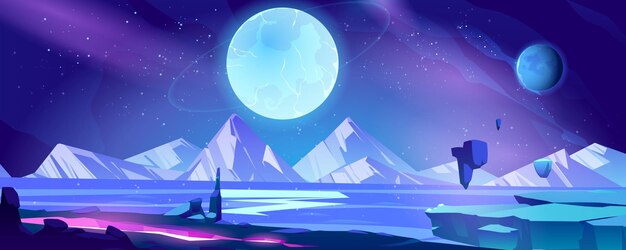 エイリアンの惑星の風景、宇宙背景放射、山々の景色を望む人けのない海岸線、輝く裂け目、星、そして宇宙の輝く球体。地球外のPCゲームの背景、漫画のベクトル図