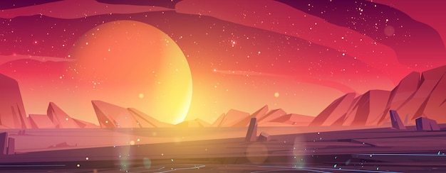 Pianeta alieno paesaggio tramonto o alba superficie del deserto