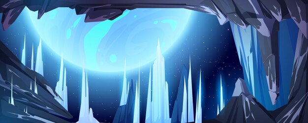 凍った洞窟からのエイリアンの惑星の風景空間ビュー