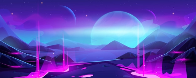 Free vector alien planet landscape with neon light