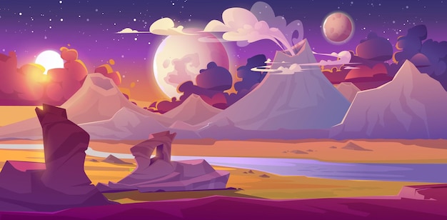 Alien planet landscape with volcano, river, stars and moons in sky. Vector fantasy illustration of planet surface with desert, mountains, smoke clouds from craters. Futuristic background for gui game