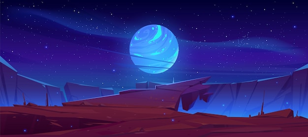 Alien planet surface, futuristic landscape with glowing moon or satellite above rock cliff in dark starry sky