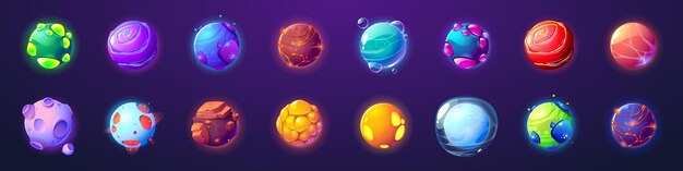 Alien planets cartoon asteroids ui game objects