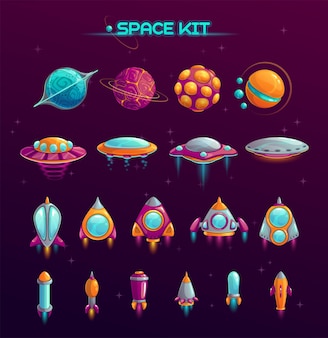 Alien planets ufos rockets and missiles objects in the kit Premium Vector