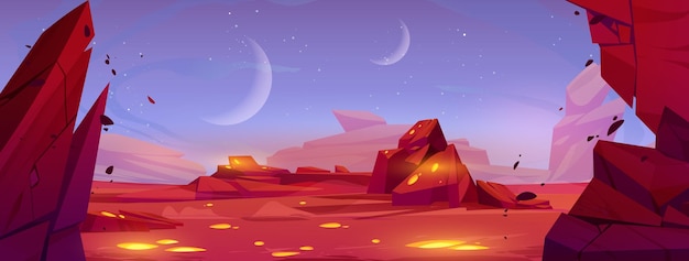 Vettore gratuito spazio alieno pianeta cartone animato paesaggio sfondo mars deserto gioco cartone animato illustrazione vettoriale con terra rossa roccia e luna nel cielo futuristica superficie marziana scena cosmo esterno con scenario bagliore