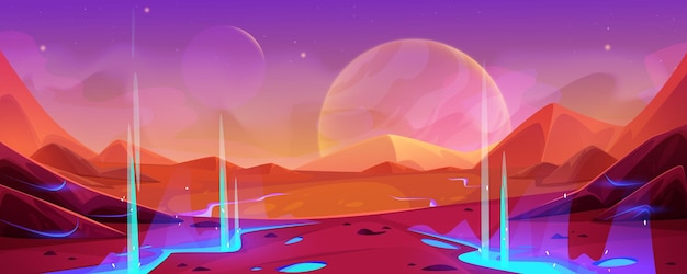 Vettore gratuito alien space planet landscape background brook crack on mars desert vector game illustration martian ground surface terrain and blue stream fantasy outer orange universe scene dust environment