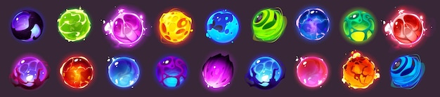 Alien space planets cartoon design elements set