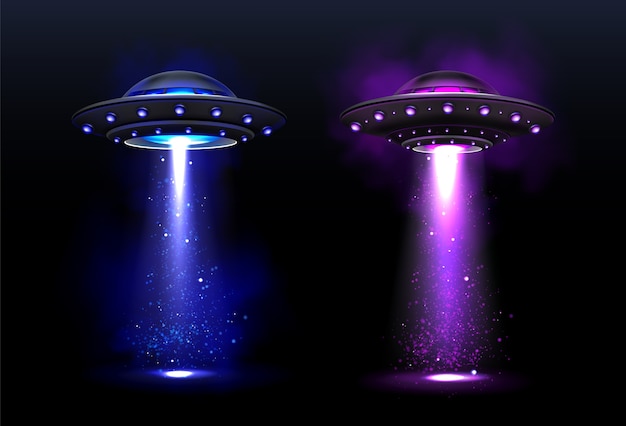 Alien spaceships, ufo with blue and purple light beam.