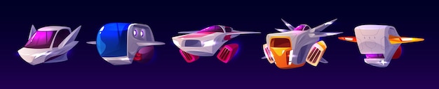 Free vector alien spaceships for video game cartoon vector illustration set of futuristic fantastic cosmic spacecrafts gui scifi or ufo shuttle with glowing elements for space travelling and exploration