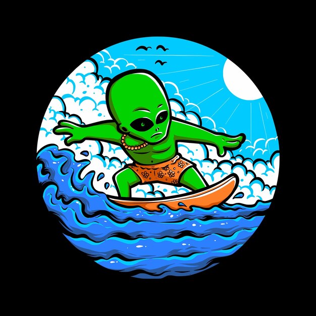 파도 벡터에 외계인 서핑