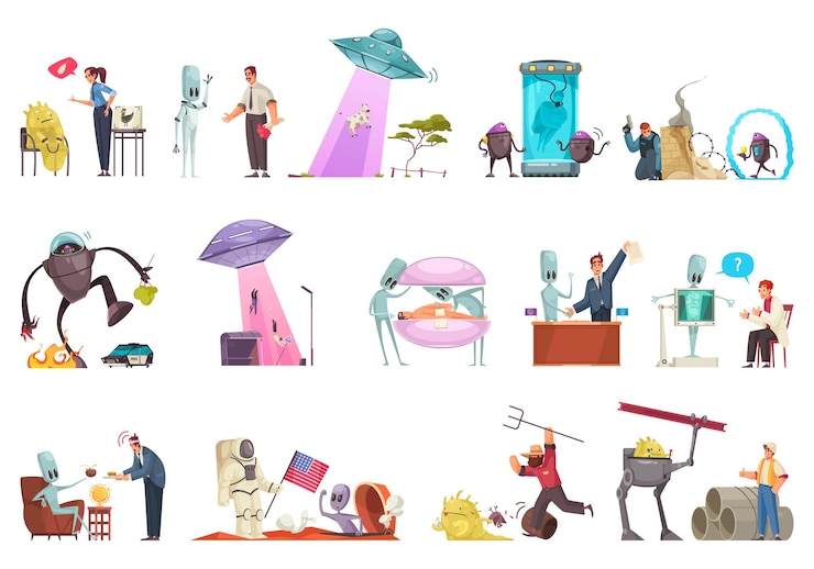 Free Vector alien ufo set with isolated icons of extraterrestrial flying vehicles robots and humanoids with human characters vector illustration