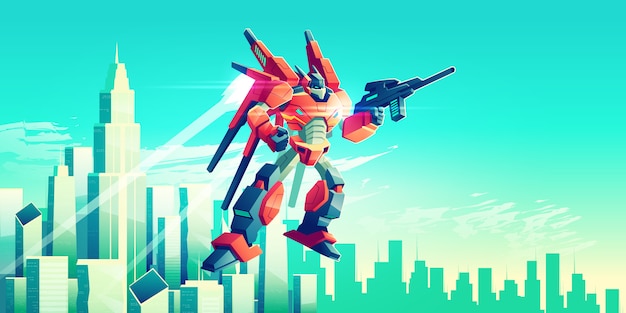Инопланетный воин, вооруженный робот-трансформер, летящий в небе под современными мегаполисами-небоскребами