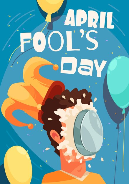 All fools day greeting card with editable text and cake smashed on persons face with joker hat
