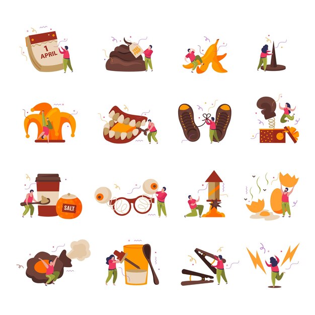 All fools day set of flat icons and isolated images of prank goods with human characters vector illustration