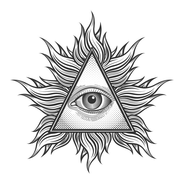 All seeing eye pyramid symbol in the engraving tattoo style. Freemason and spiritual, illuminati and religion, triangle magic, 