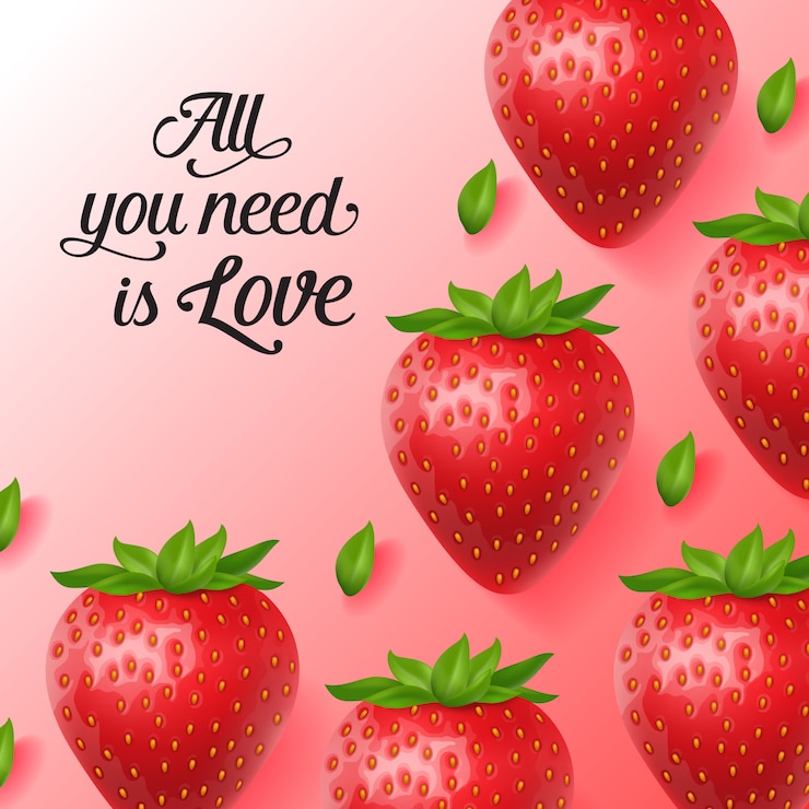 Free Vector all you need is love lettering with ripe strawberries