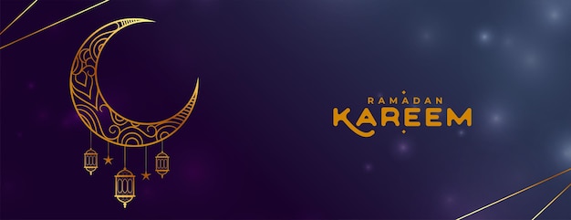 Vettore gratuito banner di ramadan kareem di benedizioni di allah con luna e lanterne