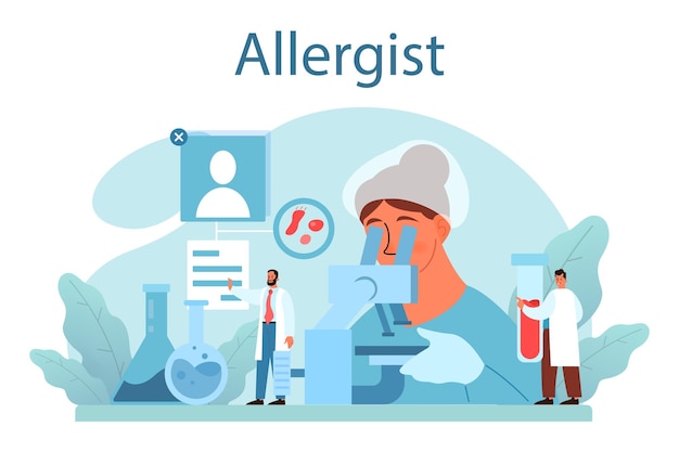 Концепция аллерголога Болезнь с симптомами аллергии медицинская аллергологическая диагностика и лечение Уход за здоровьем Векторная иллюстрация в плоском стиле