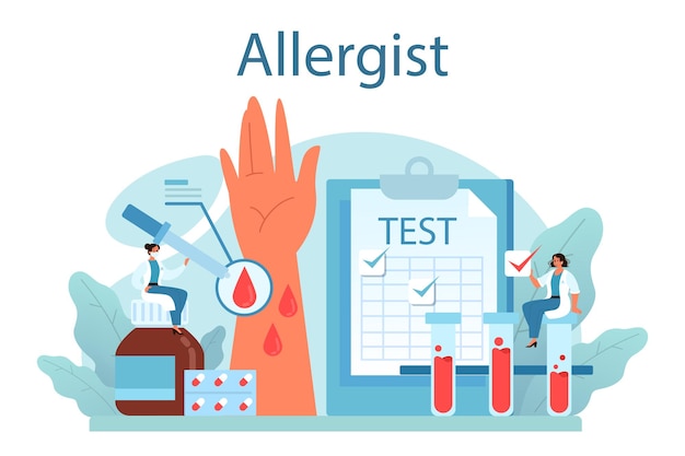 Концепция аллерголога Болезнь с симптомами аллергии медицинская аллергологическая диагностика и лечение Уход за здоровьем Векторная иллюстрация в плоском стиле