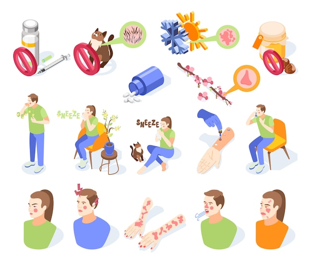 Allergy symptoms icons set with allergens symbols isometric isolated vector illustration