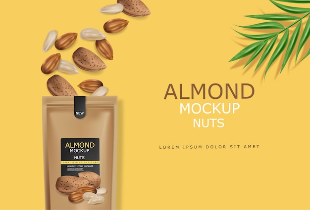 Free vector almond nuts realistic mock up. raw vegan delicious snack. 3d detailed design product packages