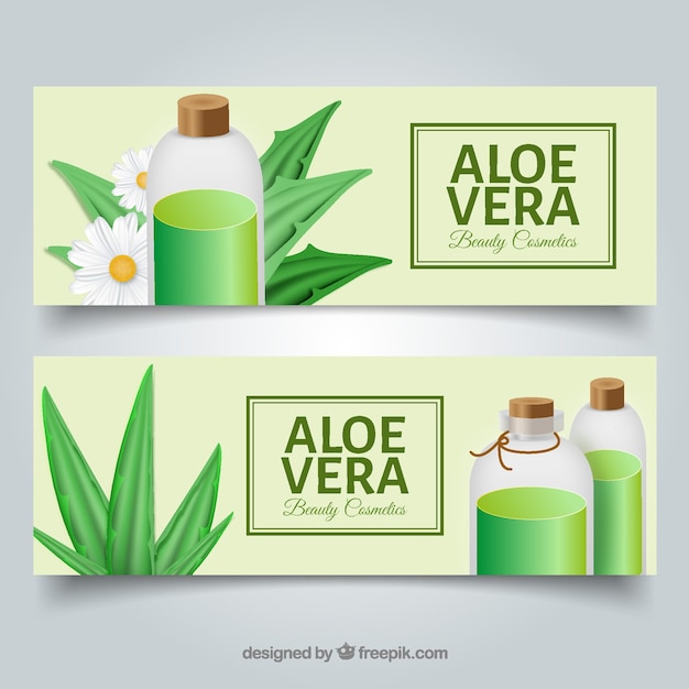 Vettore gratuito bandiere aloe vera con cosmetici