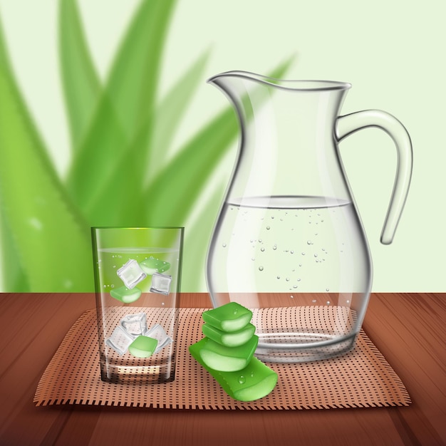 Free vector aloe vera composition with bright water bottle and glass with pieces of natural plant and ice cubes