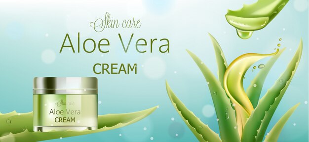 Aloe vera cream for skin care. Green plant and bubbles background