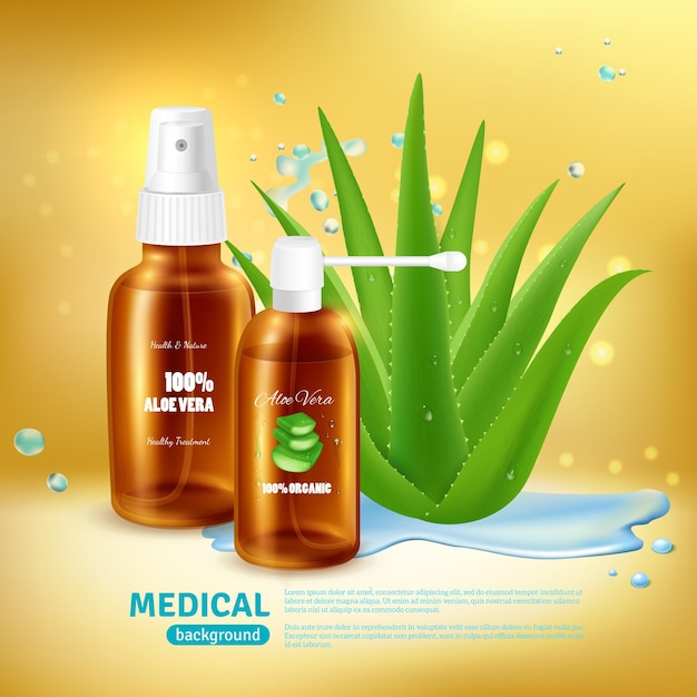 Vettore gratuito aloe vera medica con confezione per tubo spray medico e nebulizzatore con pianta di aloe realistica