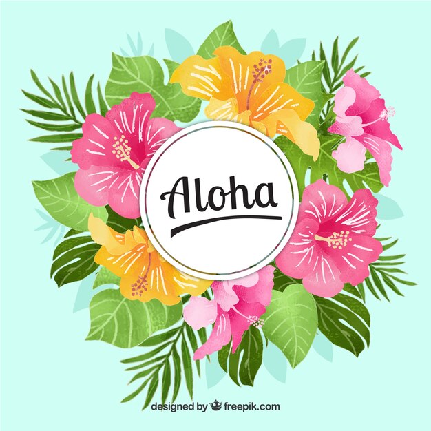 Aloha background with flowers and watercolor leaves