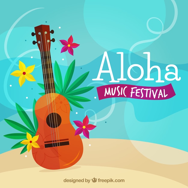 Aloha background with guitar and flowers in flat design