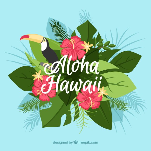 Aloha background with tropical decoration and toucan