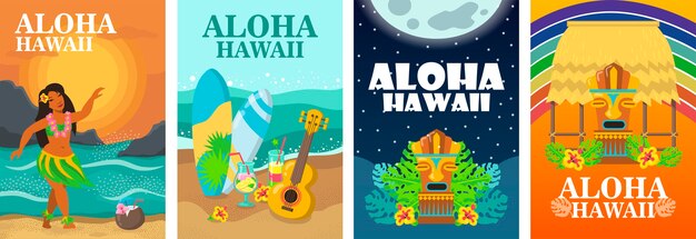 Aloha Hawaii poster design set. Tropical beach, dancer, surfboard and ukulele vector illustration