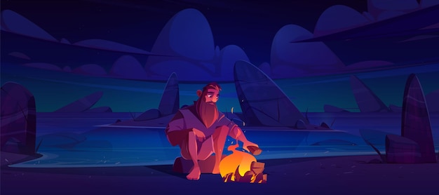 Бесплатное векторное изображение Одинокий брошенный человек на необитаемом острове с костром ночью