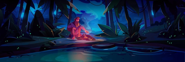 Бесплатное векторное изображение Один потерянный человек с костром в джунглях ночью