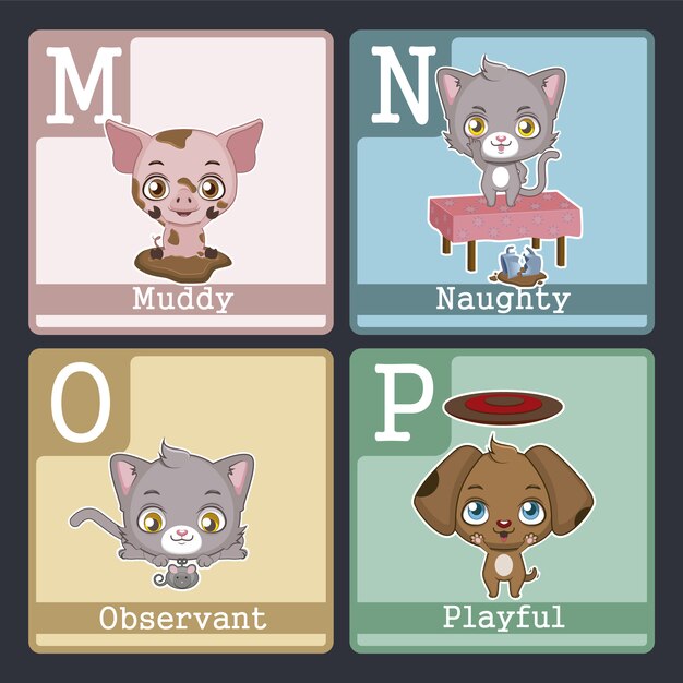 Alphabet card with animals design from m to p