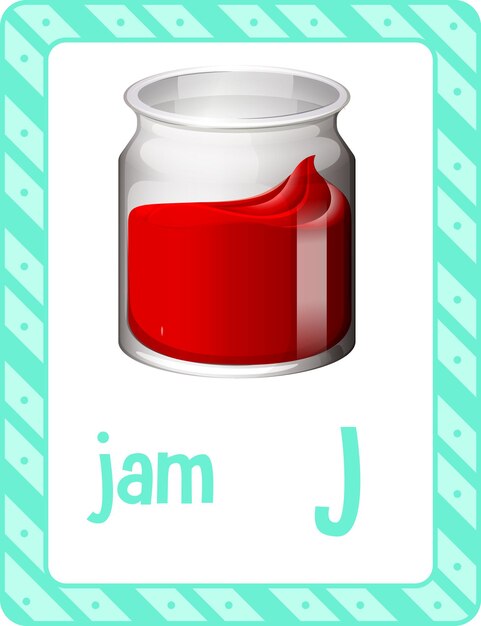 Jam에 대한 문자 J가 있는 알파벳 플래시 카드