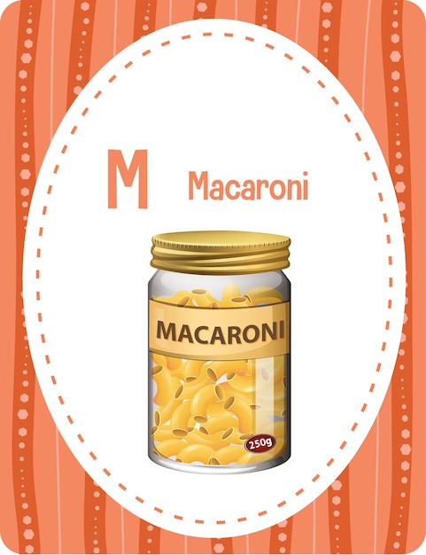 마카로니에 대한 문자 M이 있는 알파벳 플래시 카드