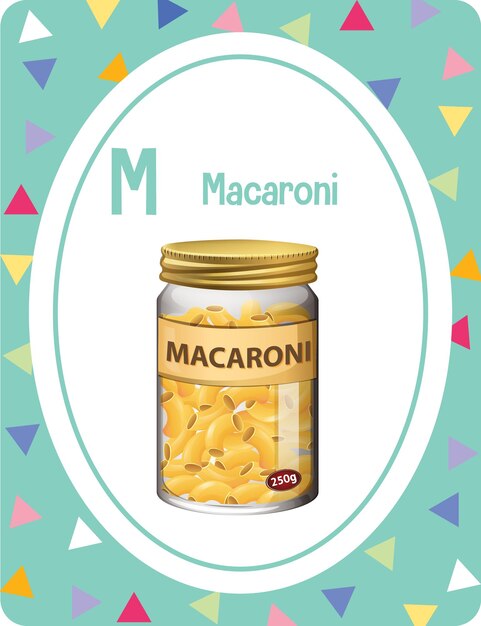 마카로니에 대한 문자 M이 있는 알파벳 플래시 카드