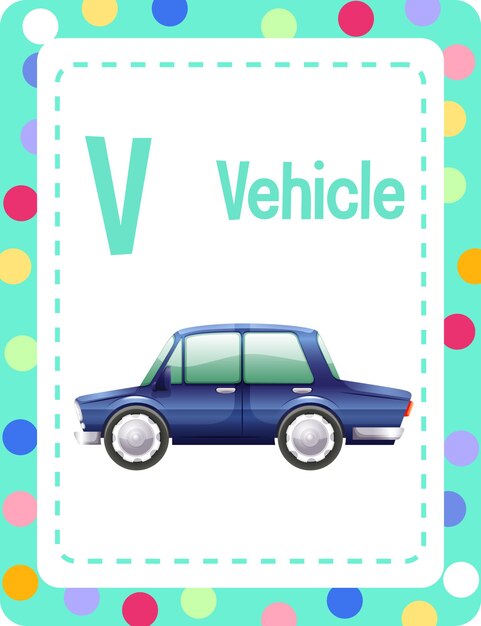 Flashcard dell'alfabeto con la lettera v per il veicolo