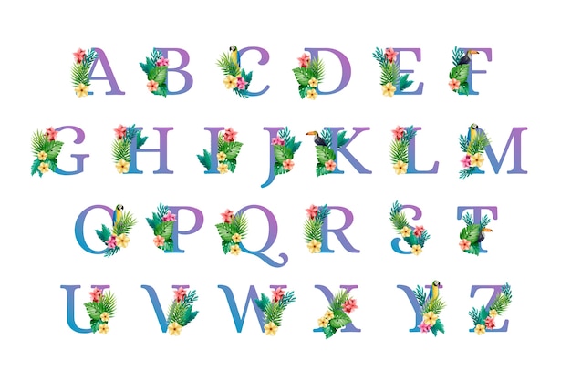 Alphabet font uppercase letters with flowers