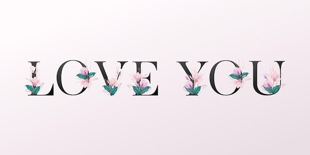 부드러운 분홍색 배경에 수채화 꽃 알파벳 편지. 아름다운 타이포그래피 디자인 "사랑"