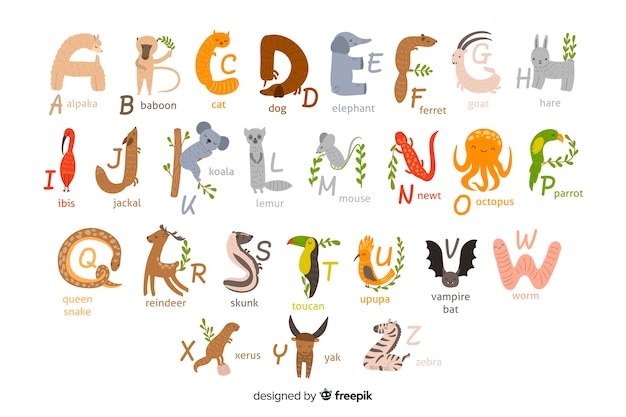 Free vector alphabet made out of cute animals