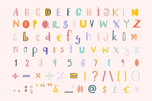 Alphabet numbers punctuations doodle font pastel set