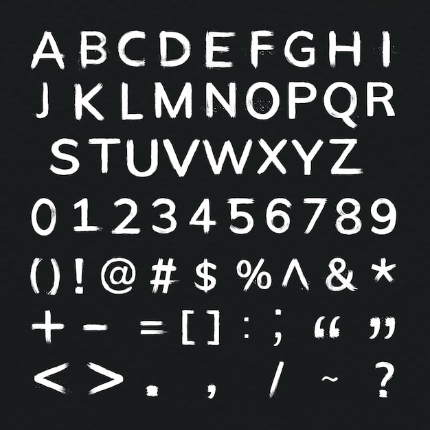 Vettore gratuito alfabeto, numeri, simboli set di tipografia tratto pennello grunge